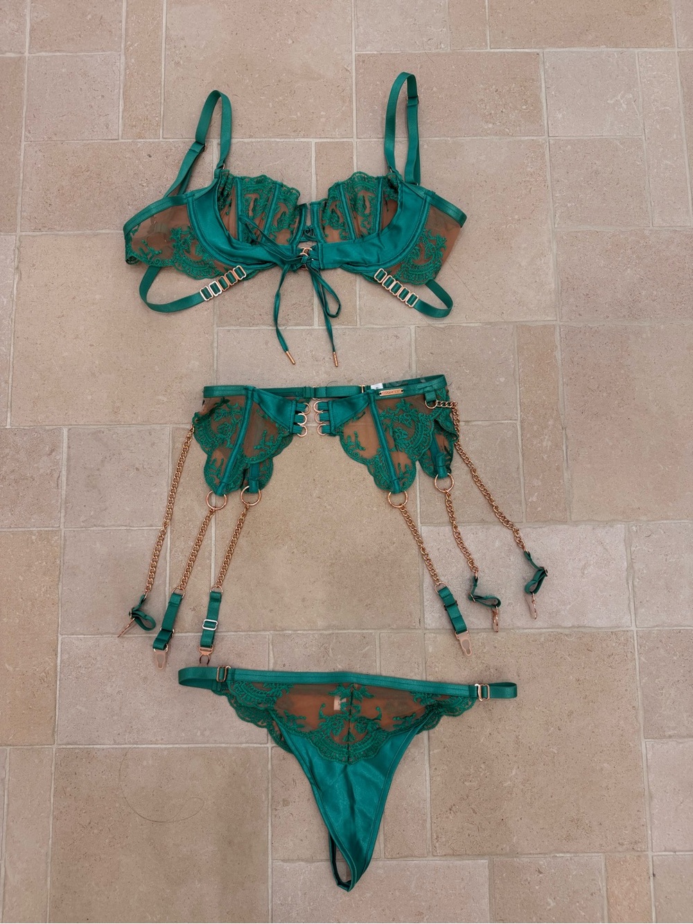 Honey Birdette Emerald Green Lace Three-Piece Lingerie Set